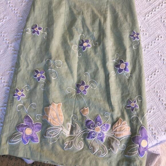 Y2K Sangria Linen-Blend Sage Green Embroidered Floral Shift Dress Sz 8 Cottage - Picture 2 of 11